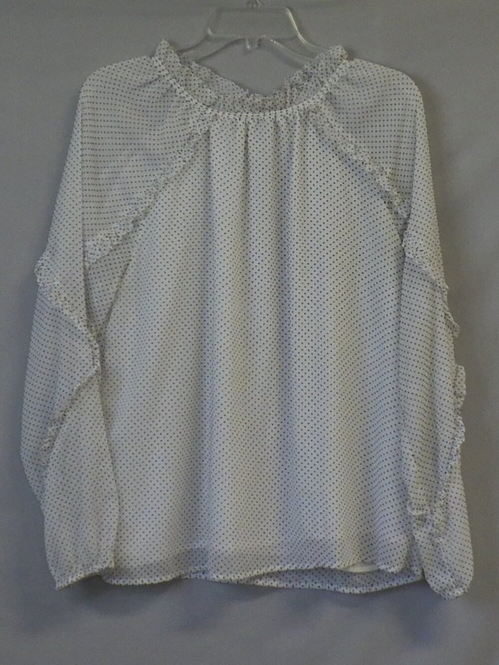 Loft White and Black Polka Dot Ruffle Mock Neck Long Sleeve Blouse